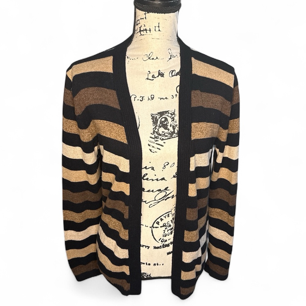 Kim Rogers Striped Open Front Cardigan Black Brown Beige Cotton Knit Womens L